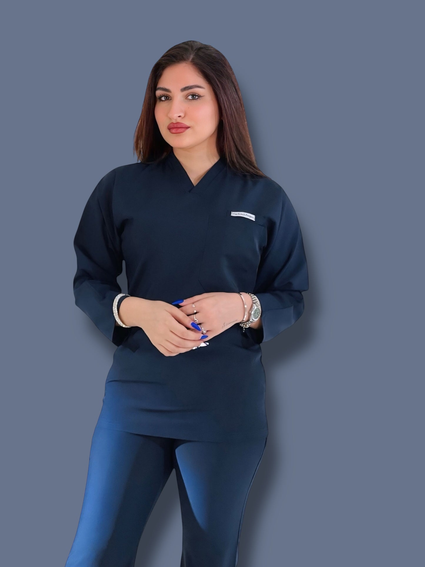 Navy blue long sleeves effortless elegance line scrubs