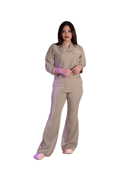 beige long sleeves effortless elegance line scrubs